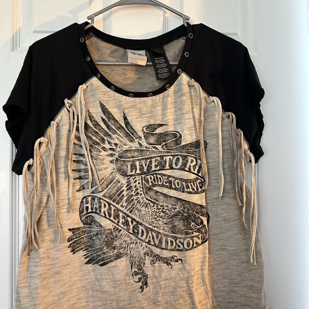 Harley Davidson Black and Gray Fringe T-Shirt